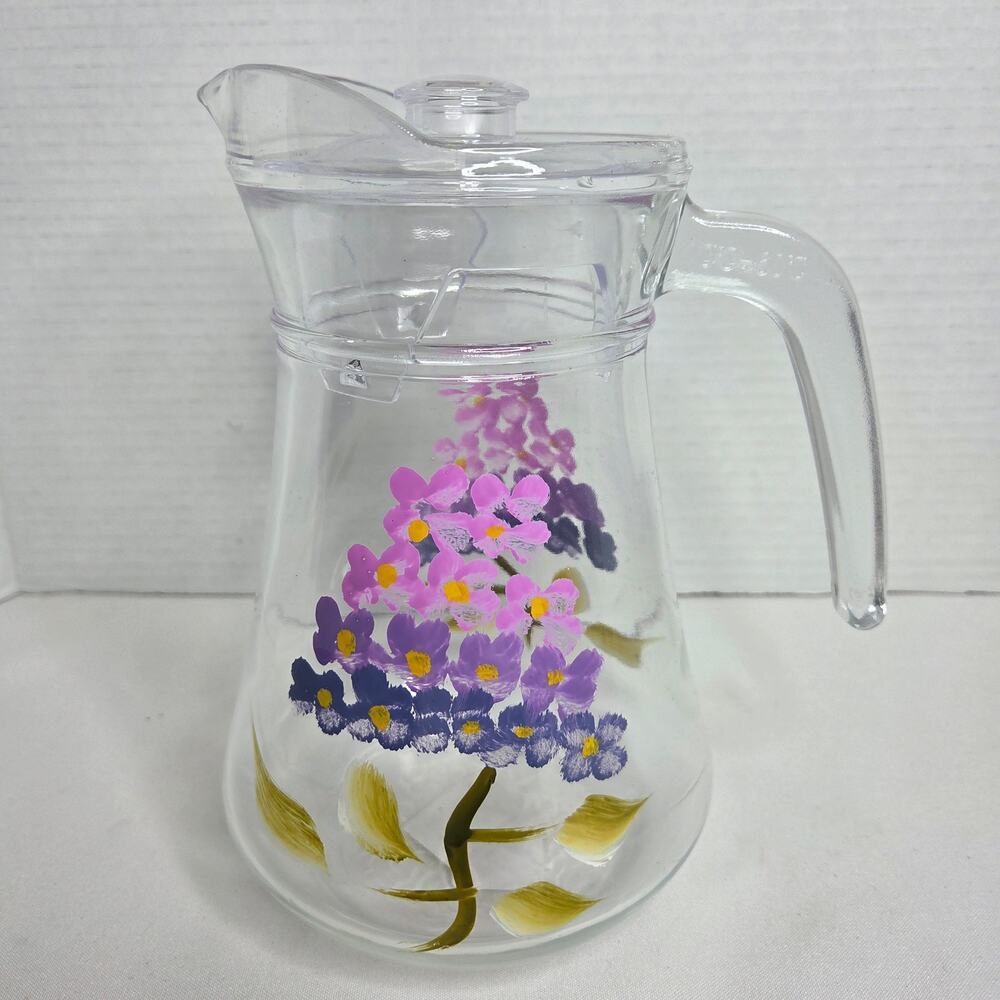 Vintage Grant Howard Hand Painted Pink Hydrangea Floral Design Glass Pitcher